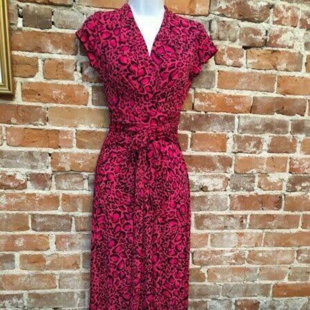Iman wrap style high low dress in pink leopard pri